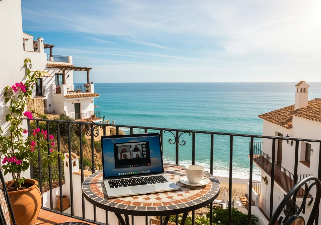 Laptop op een balkon aan de kust, sfeerbeeld