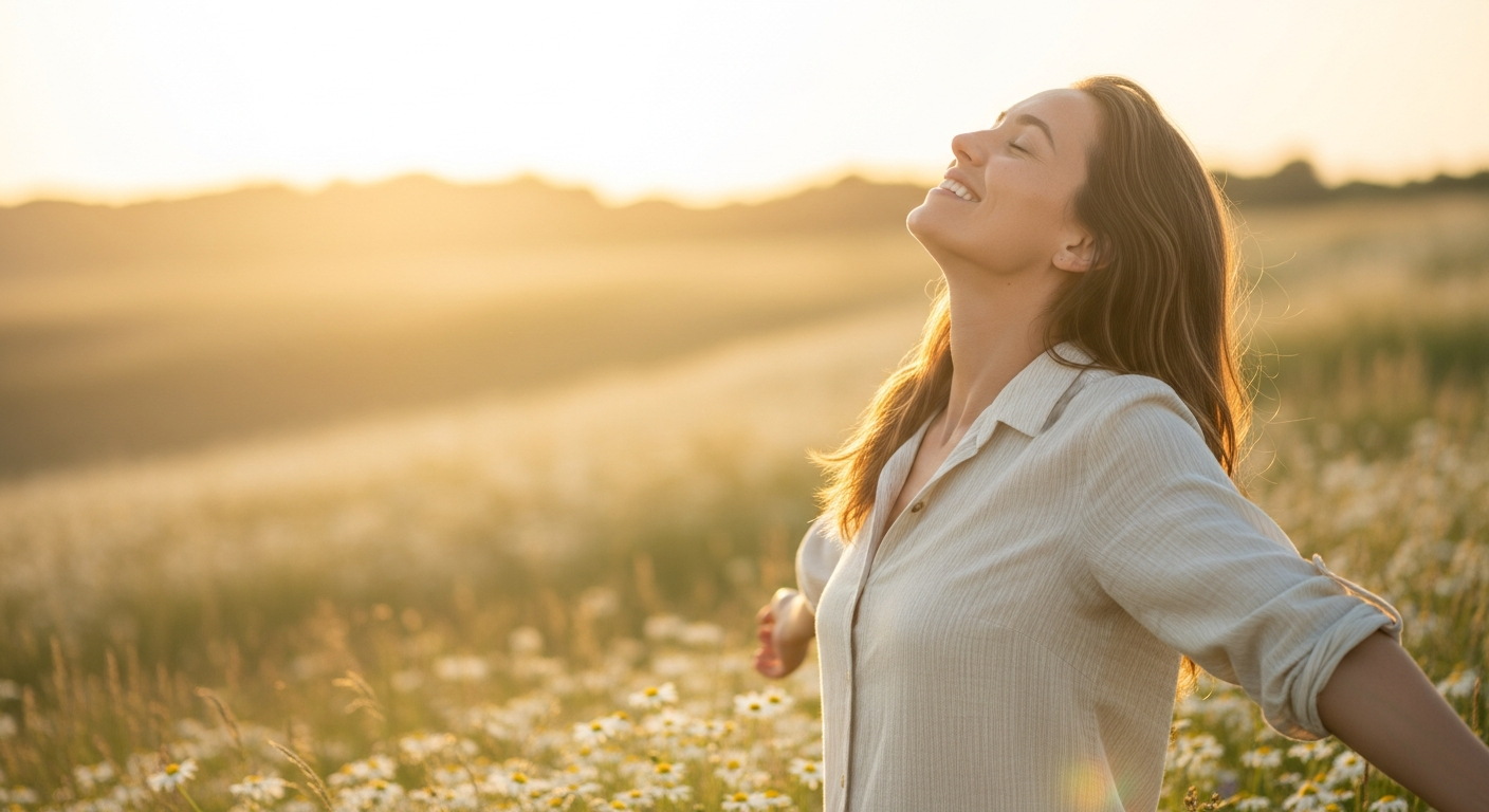 A woman standing in a sunlit meadow, smiling and at ease — living life free of anxiety