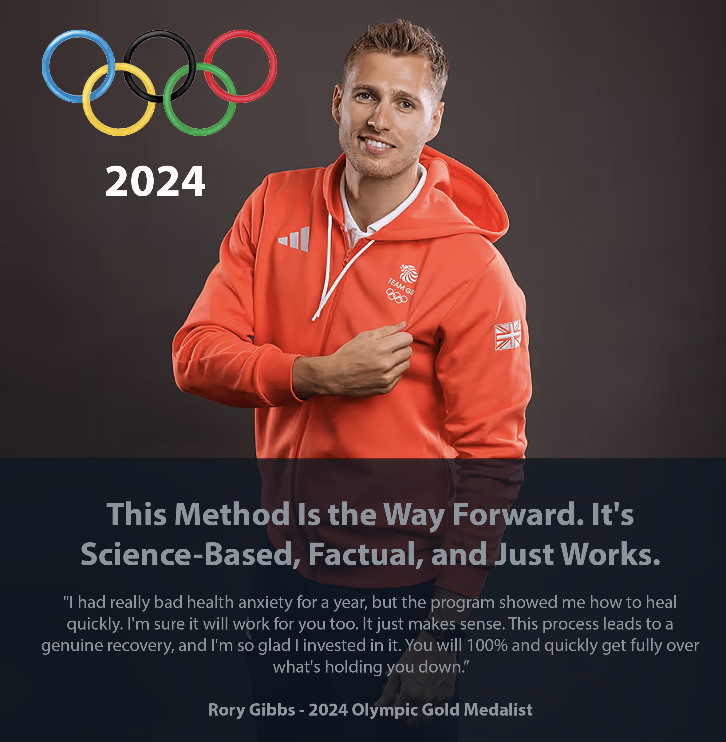 Rory Gibbs in Team GB kit with Olympic rings and his written account of the programme