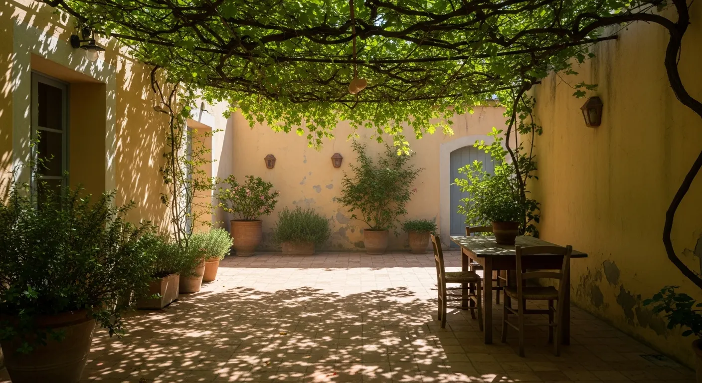 Patio soleado bajo un frondoso arbolado; imagen ilustrativa